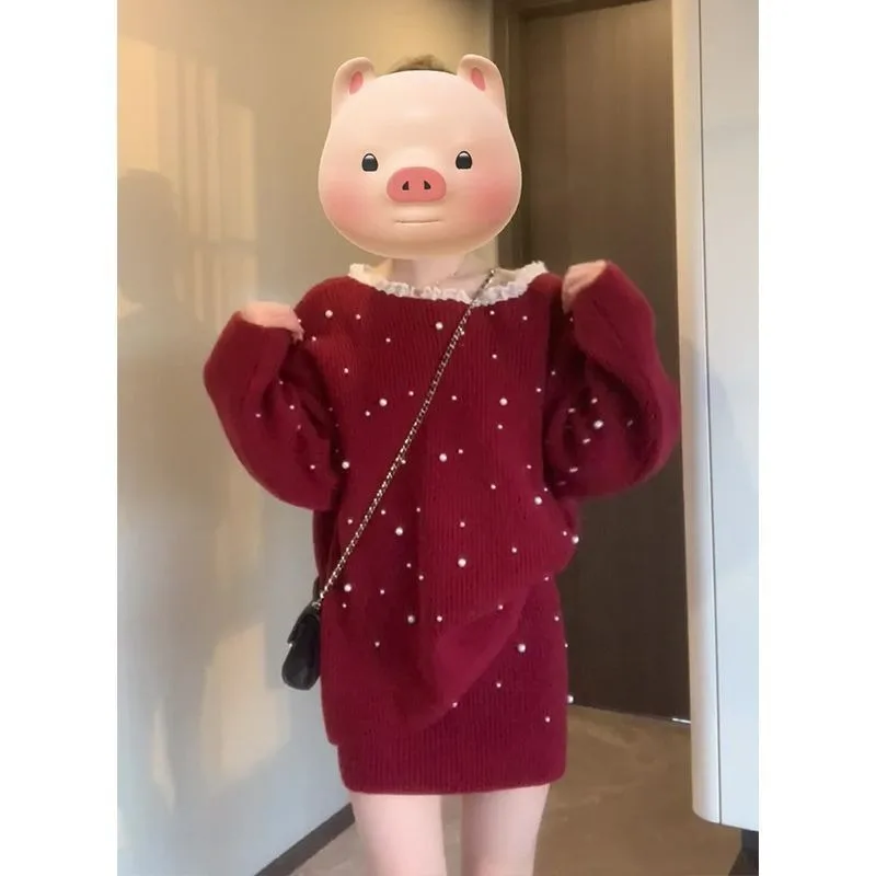 

Корейская мода, милые комплекты из двух предметов для девочек, женские наряды, весенне-осенний красный свитер с открытыми плечами, комплект с юбкой с запахом и высокой талией