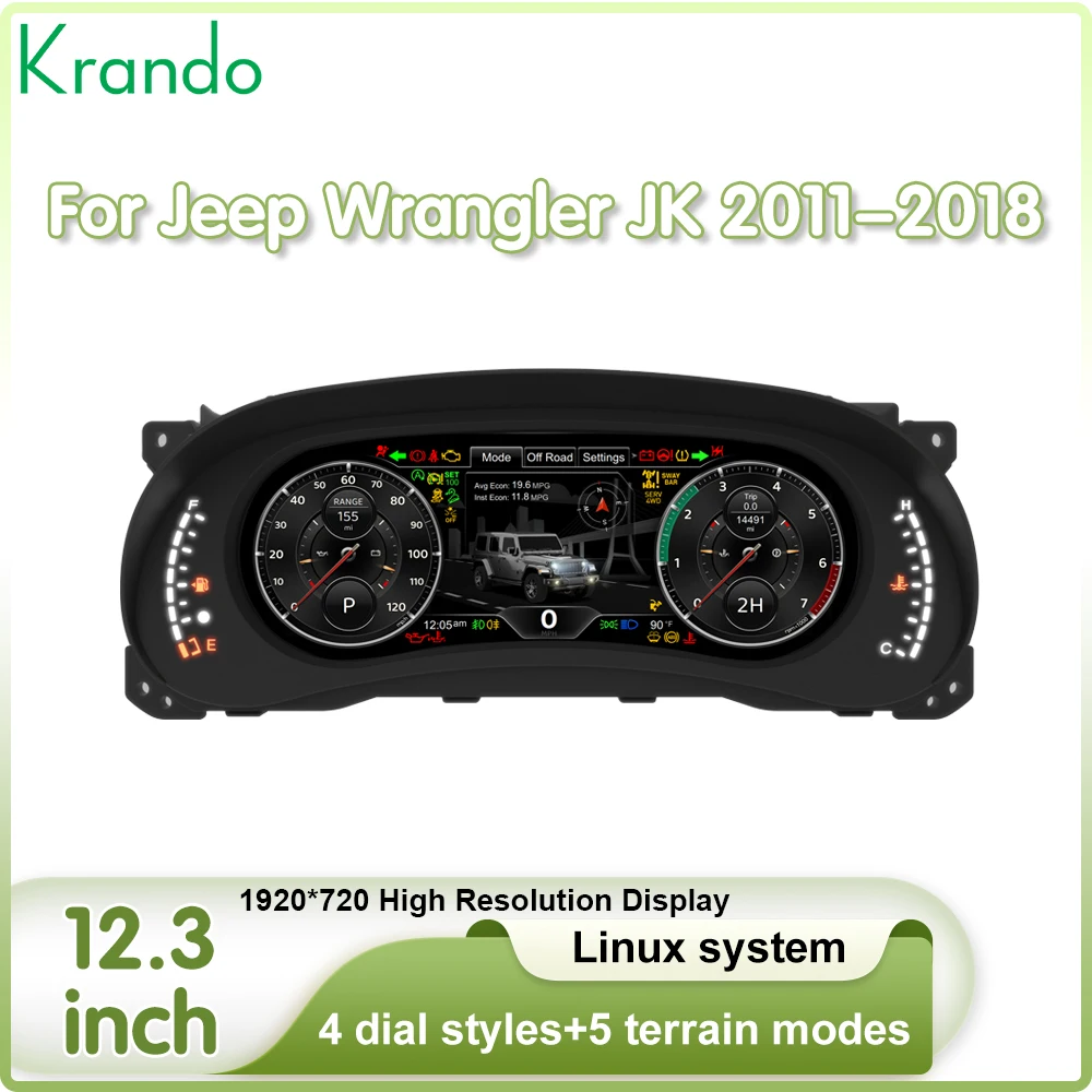 Krando 12.3 Inch Linux systerm Digital Cluster For Jeep Wrangler JK 2010 - 2017 LCD Dashboard Panel Virtual Instrument CockPit