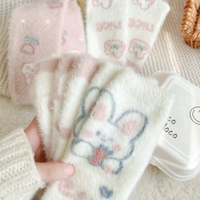 Sweet Pink Rabbits Bowknot Imitation Mink Socks Winter Plush Warm Home Sleeping Socks Ins Japanese Cartoon Cute Furry Tube Socks
