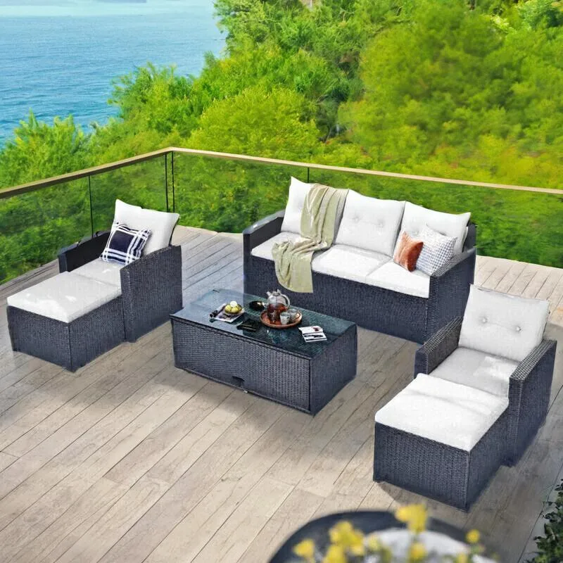 

6-piece All-Weather Wicker PE rattan Patio Outdoor Dining Conversation Sectional Set with coffee table, wicker sofas, ottomans,