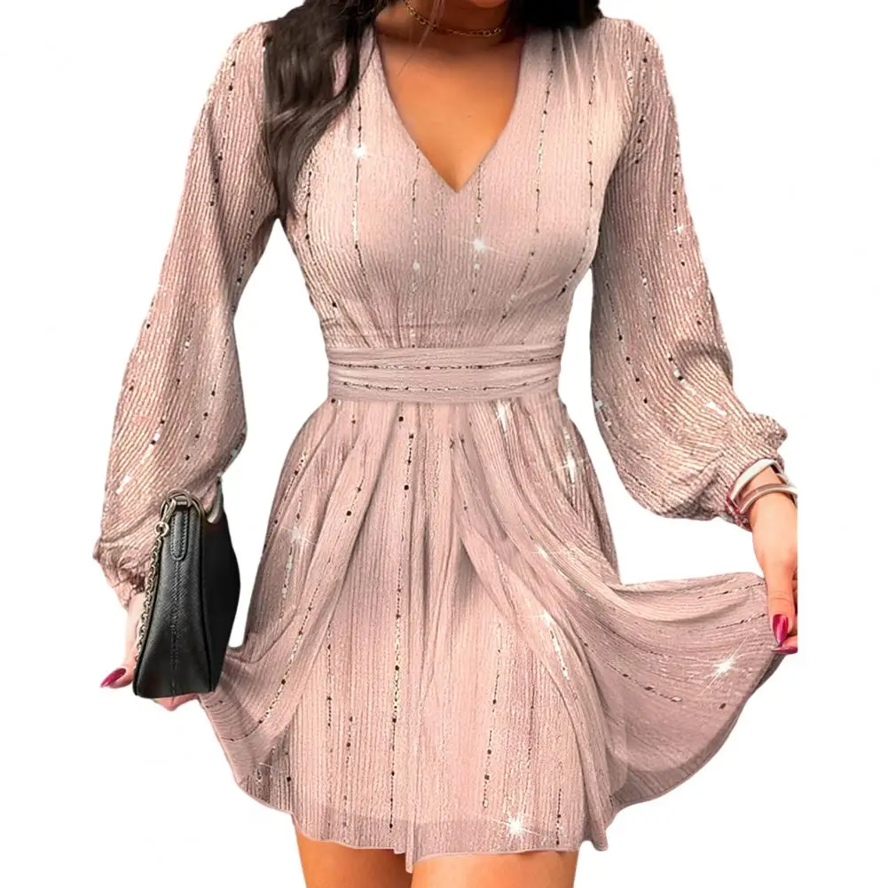 

Long Sleeve A-hem Dress V Neck Lantern Sleeve Mini Dress for Women A-line Swing vestidos verano moda 2024