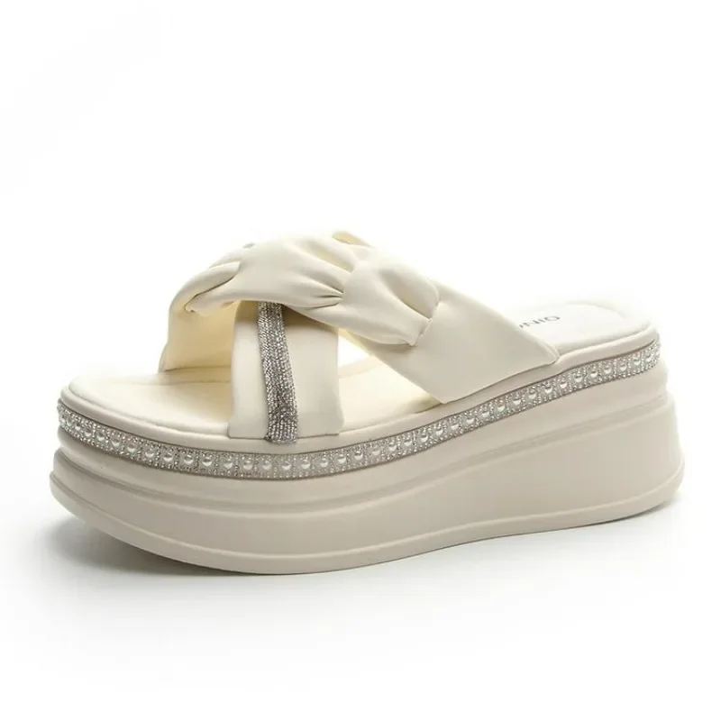 

7CM Microfiber Leather Women Zandalias De Mujer Females Buckle Platform Peep Toe Slippers Summer Wedge Flat Sandals Slides Shoes