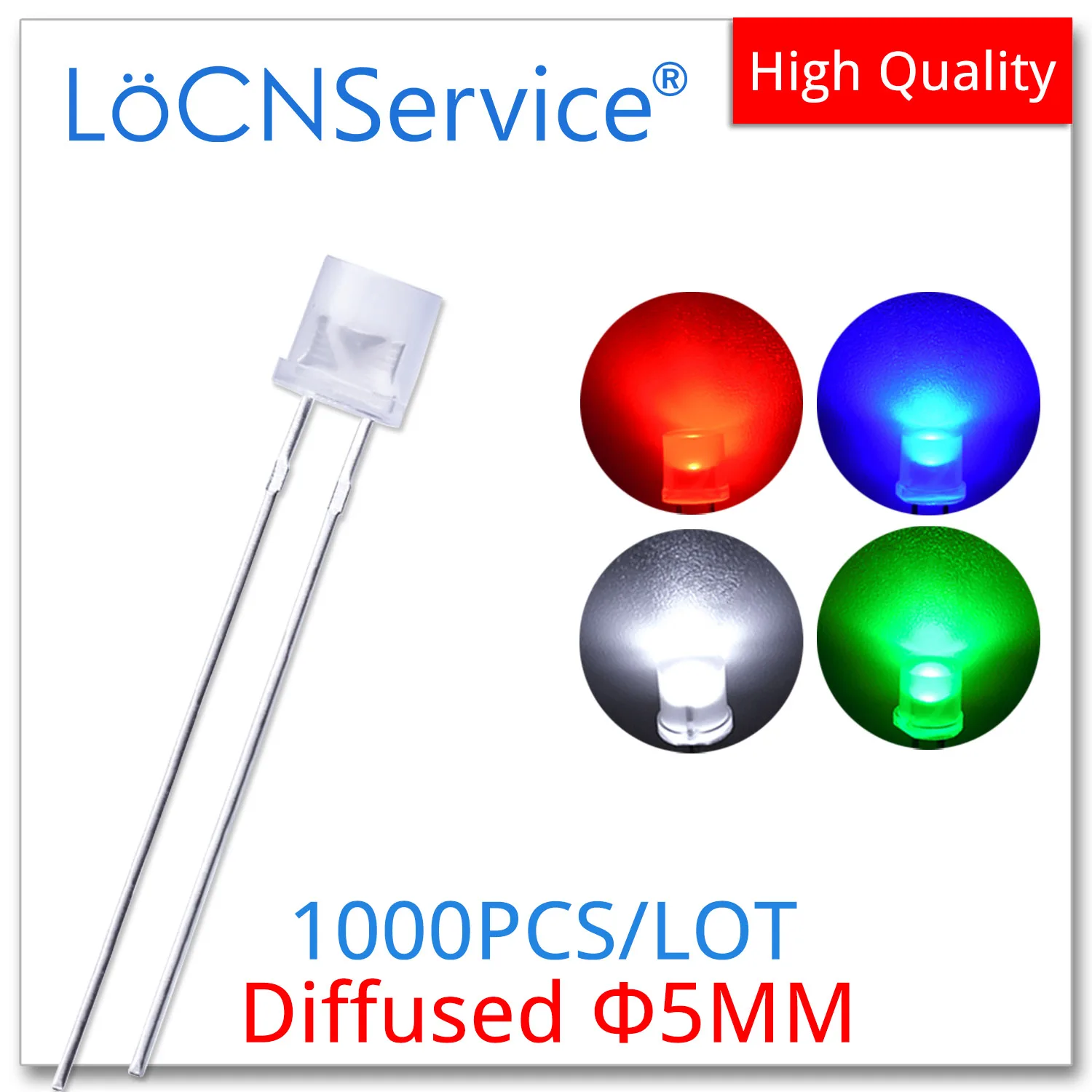 LoCNService 1000PCS 5mm F5 Diffused Flat Top DIP LED Red Blue White Green Transparent High quality bead light emitting diode