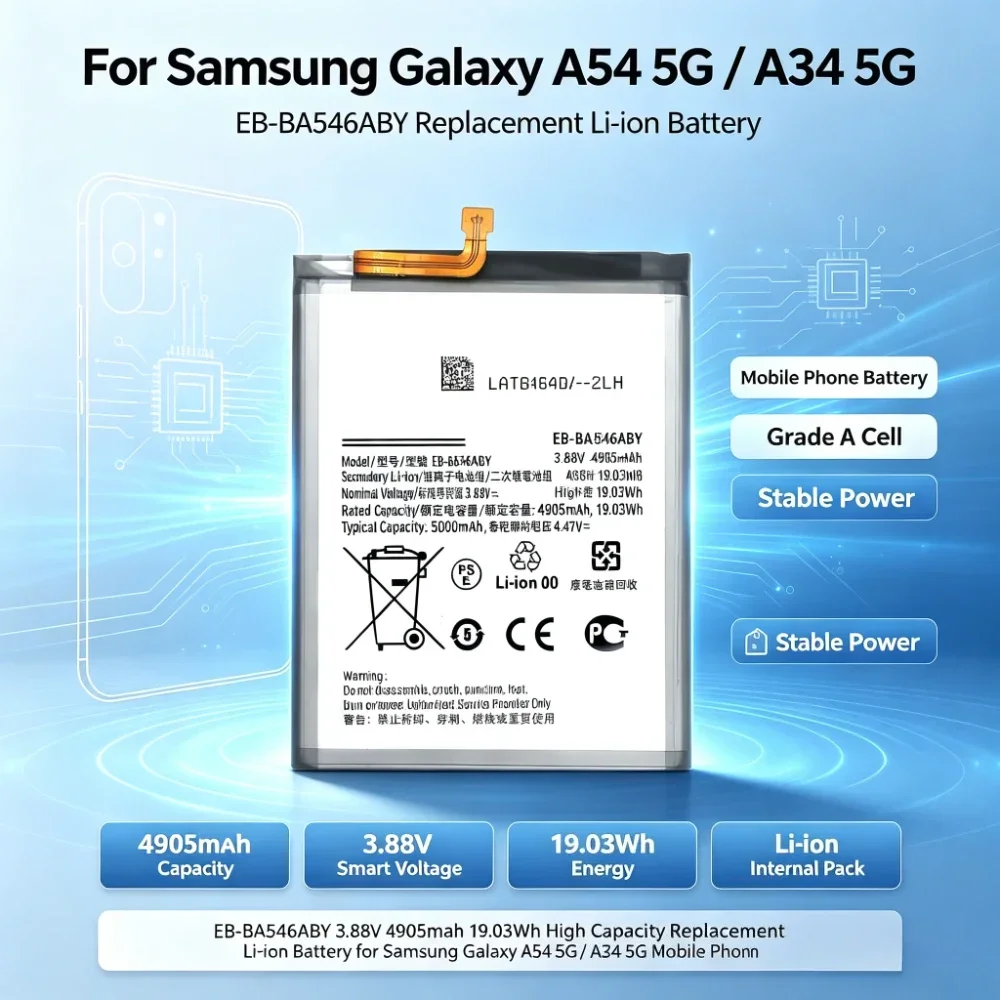 EB-BA546ABY Li-ion Battery 3.88V 4905mAh Replacement For Galaxy A54 5G SM-A546 / A34 5G SM-A346 Mobile Phone Battery