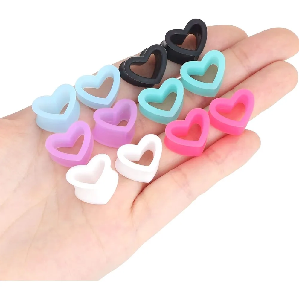 12 Pcs 2g-1 Inch Heart Shape Silicone Tunnels Piercing Flexible Double Flared Ear Gauges Jewelry