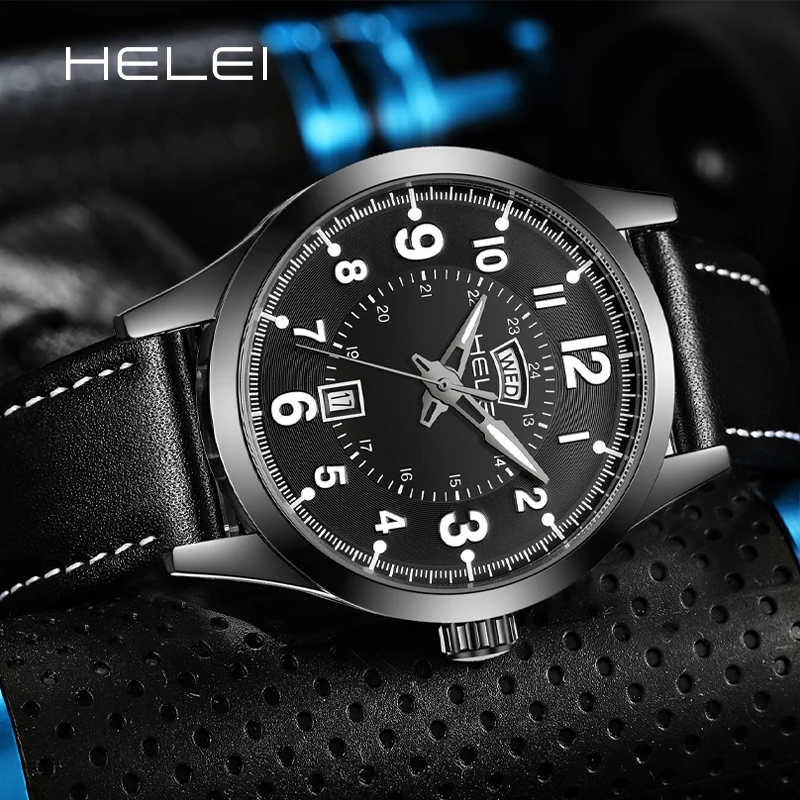 HELEI Fashion new sports casual quartz watch date genuine leather strap men\'s wristwatch