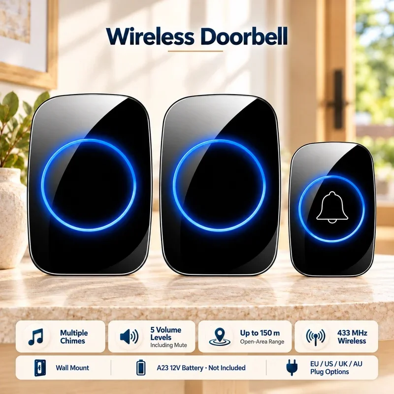 60 Chime 110DB 300M Wireless Doorbell Waterproof Remote EU/US/UK/AU Plug Smart Door Bell Battery 1 Button 2 Receiver No battery