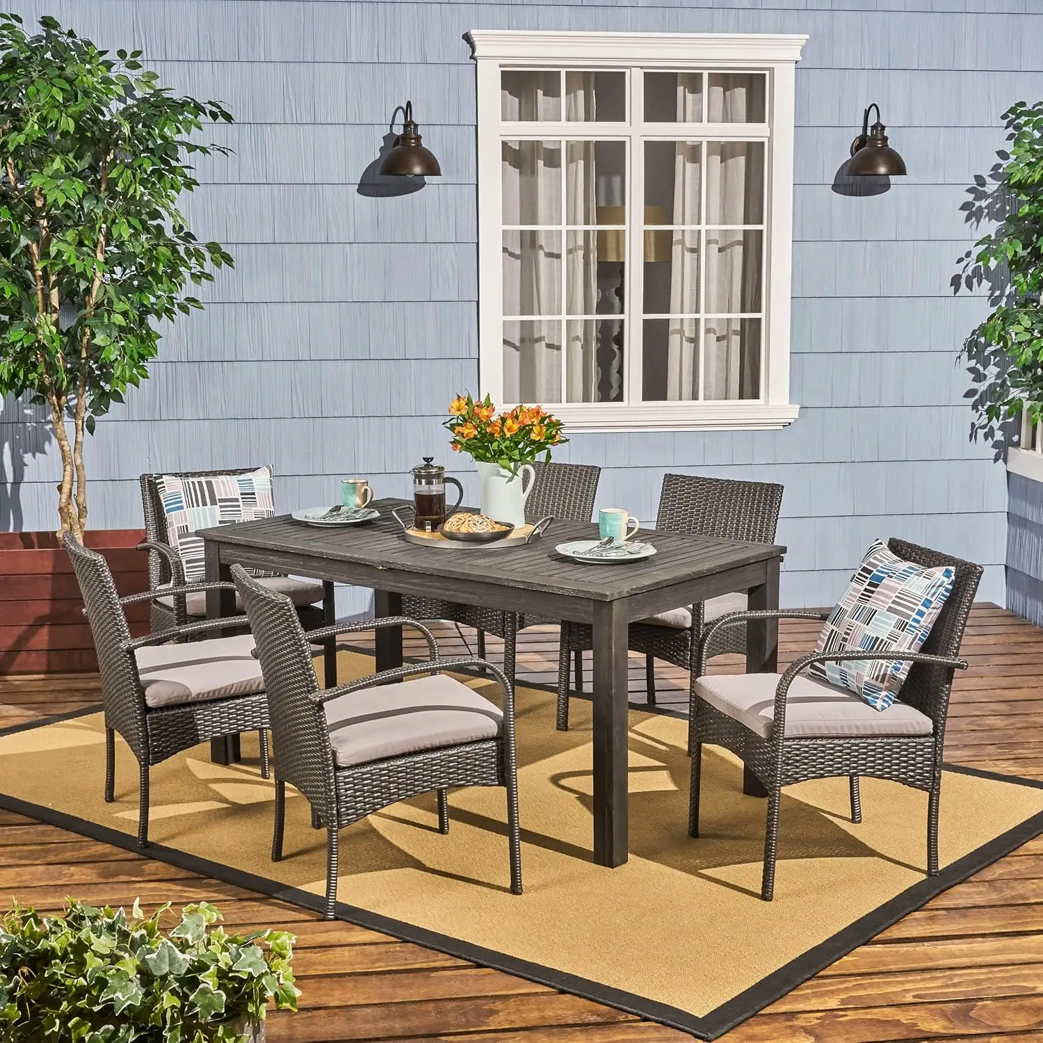 Elmar Outdoor 7 Piece Wood and Wicker Expandable Dining Set, 22.1 