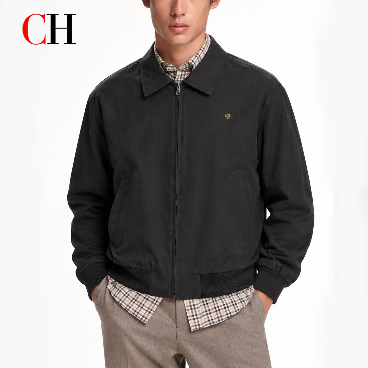 CH Classic Er Style Jacket Lapel Collar Front Zipper Closure Embroidered Mark Ribbed Edge Casual Versatile Outer Top
