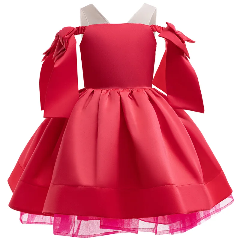 Girls One Shoulder Evening Dress Children's Red Bow Dress Children's Elegant Party Princess Dress 3-12Y