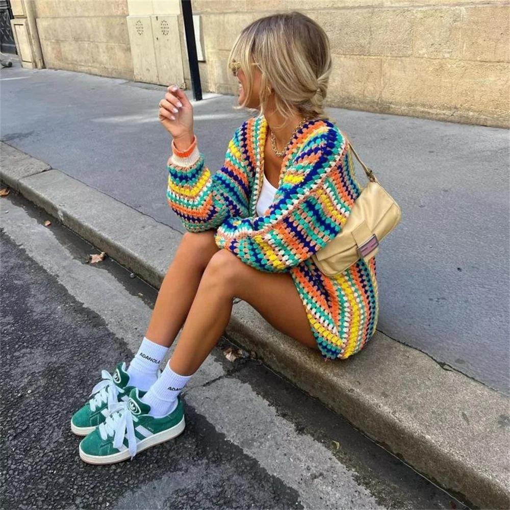 Women Colorful Striped Knitted Cardigan Sweater Vintage Crochet  Rainbow Color Long Sleeve Coats Female Loose Streetwear Tops