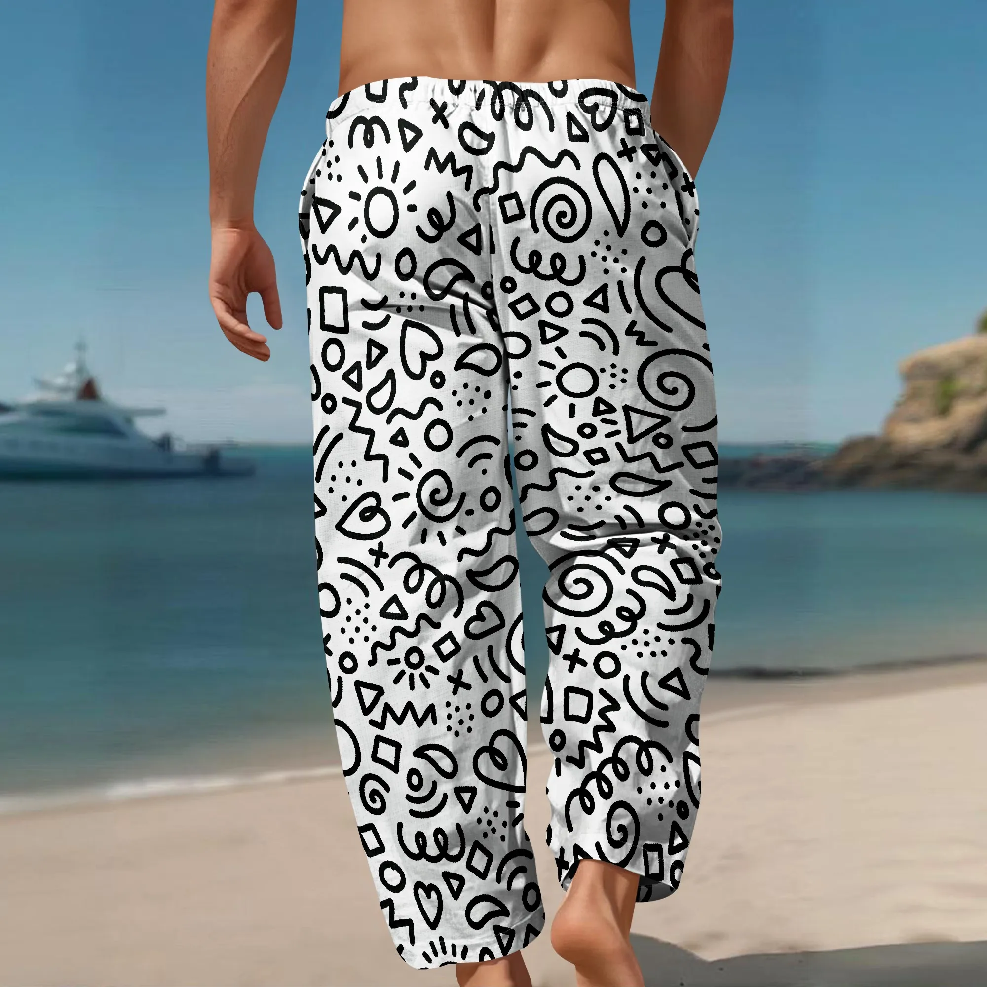 YEAE Zwarte broek met schetspatroonprint voor heren Zomer casual losse broek met trekkoord