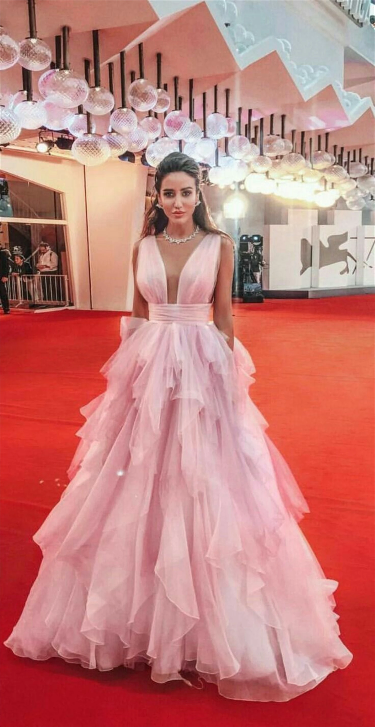 Lucy Baby Pink Multilayer Prom Dress 2023 Princess Evening Dresses Tulle Sweep Train Party Dresses Sleeveless Robe De Soirée