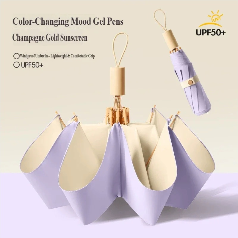 Nouveau Parapluie Pliant Coloré en Caoutchouc avec Petite Poignée en Bois, Parapluie Créatif pour Femme, Toutes Saisons, Idéal comme Cadeau