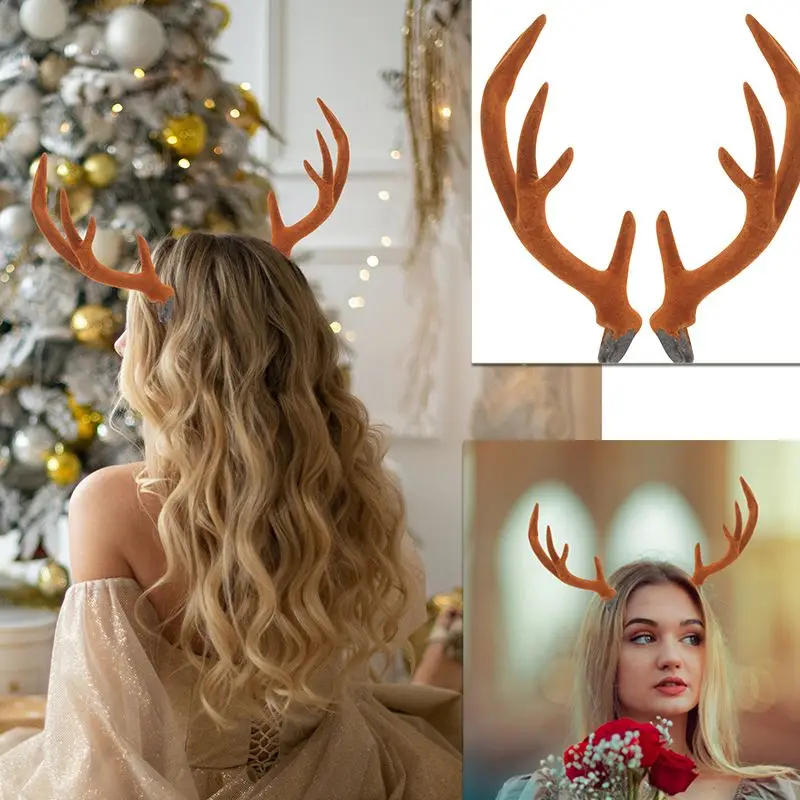 

Women Simulated Antlers Headdress Deer Reindeer Antlers Headdress for Crafts Brown Flocking Christmas DIY Hair Accessories Bands