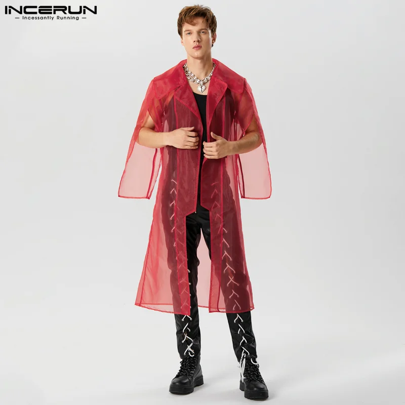 INCERUN Tops 2023 American Style Fashion Men's Perspective Mesh Lapel Suit Coat Casual Front Short Back Long Design Blazer S-5XL