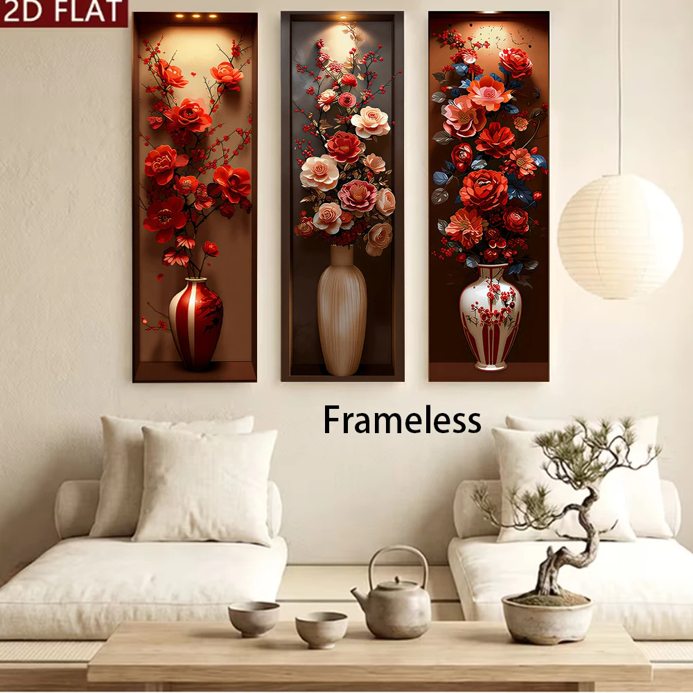 1 set of new Chinese style niche red peony vase triple wall stickers 2D flat frameless living room entrance decoration stickers