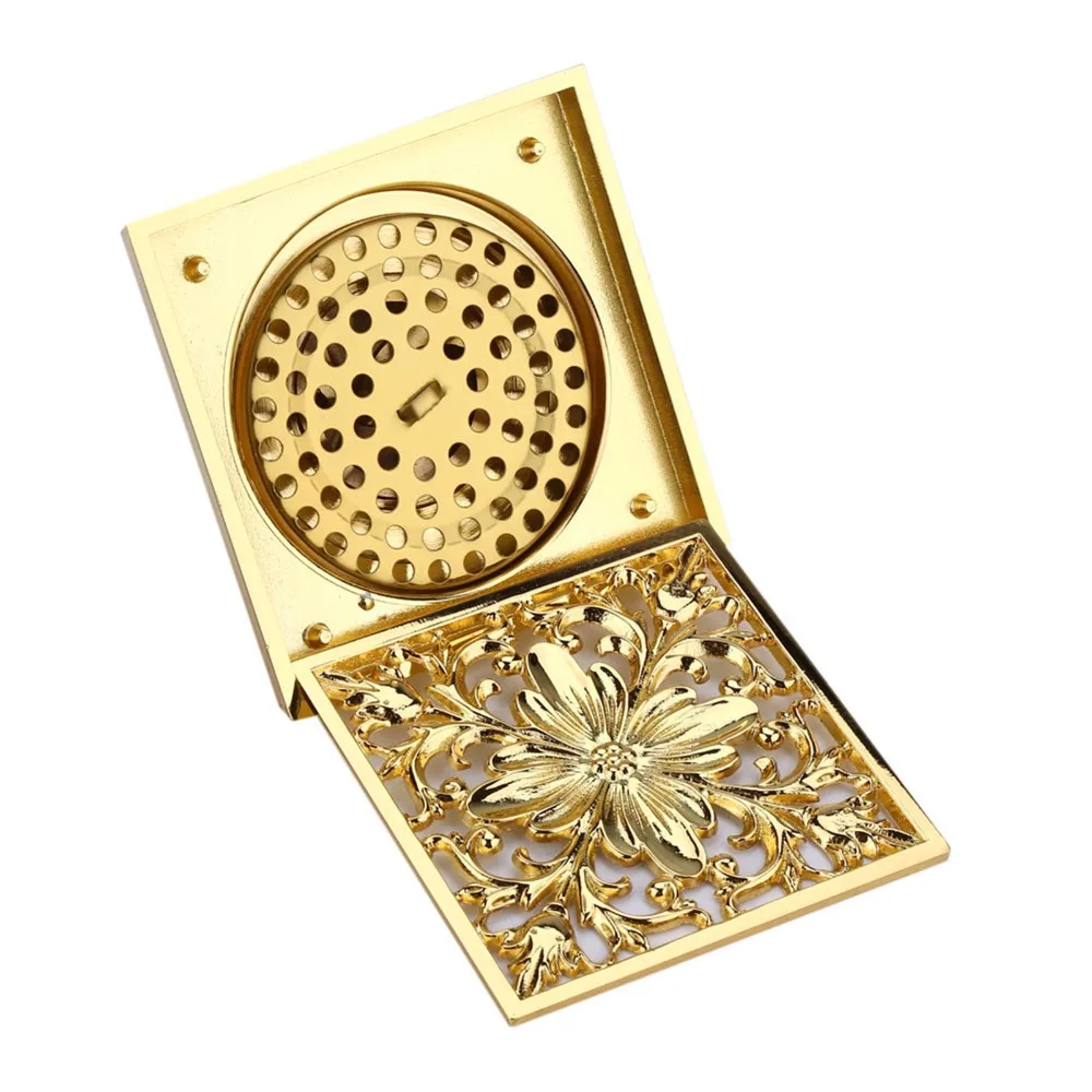 Brass Floor Drain With Strainer Square Shower Drain Cover Gold Color 10 x 10cm/3.94 x 3.94in Antique Brass Drain Hotel