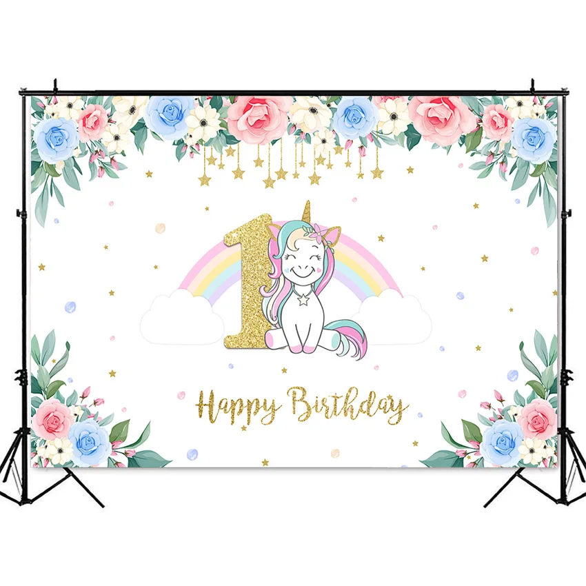 1st happy birthday theme party decoration backdrop for photography unicorn rainbow flower background for photo studio custom