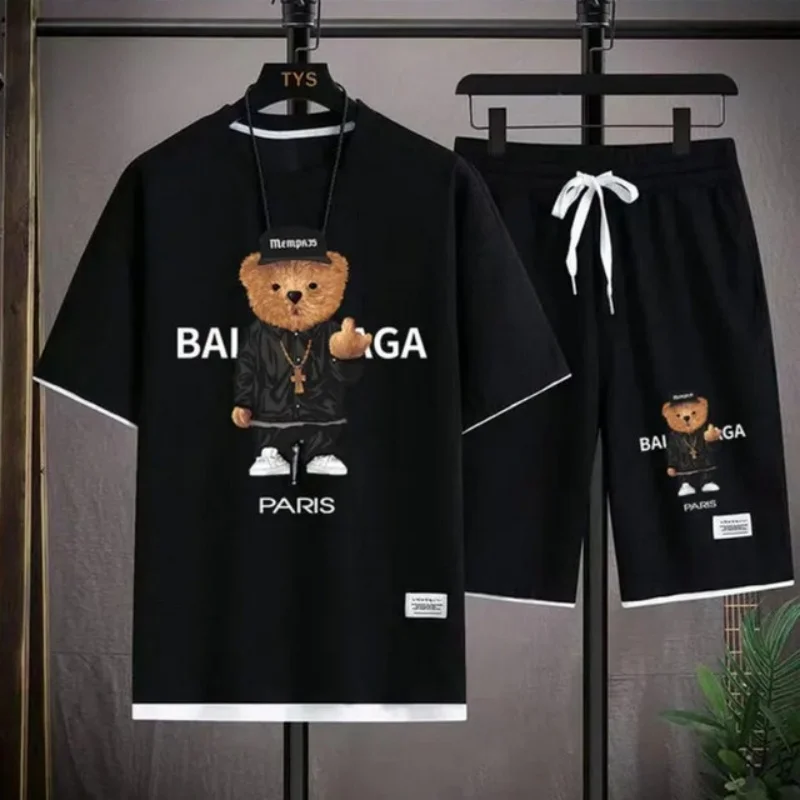 

Men's 2026 Summer New Waffle Fashion Print Daily Casual Loose Quick-Dry T-Shirt Short Sleeve + Shorts Two-Piece Set