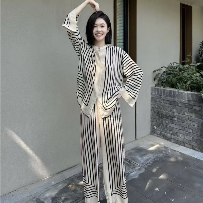 26 Spring Autumn Stripe Women Pajamas 2piece Set Cardigan Korean Style Wide-Leg Pants Casual Long-Sleeve Home Wear Nightgown