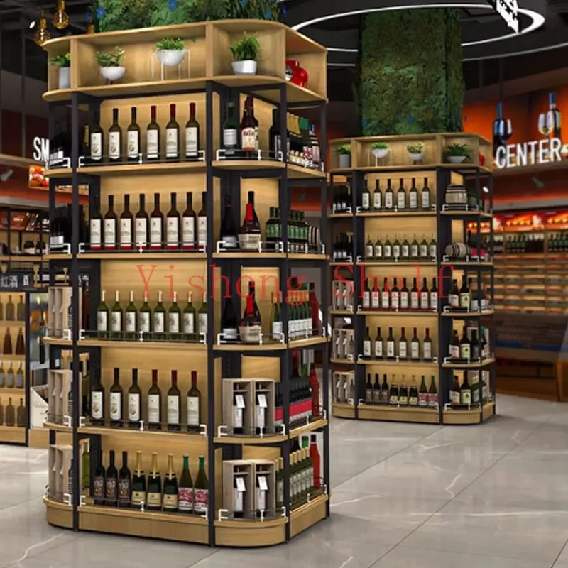 New Chinese Style design wooden display luxury large wine shelf cellar glass display wine rack cabinet for the Supermarket