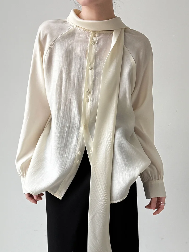 

Women Shirts Solid Blouses Tie Long Sleeves Stand Collar Single Breasted None Strech Loose Fit Casual Office Lady 2026 Spring