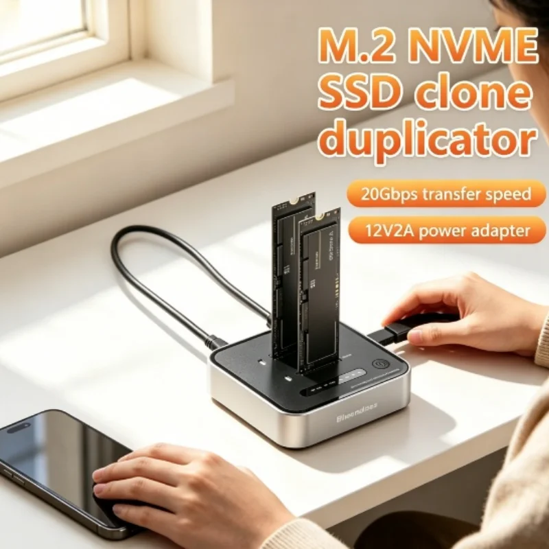 

NVME PCIE Enclosure with Dual-Bay M.2 NVME SSD Cloner, 20Gbps USB3.2 Type C, Offline Clone Duplicator & Reader