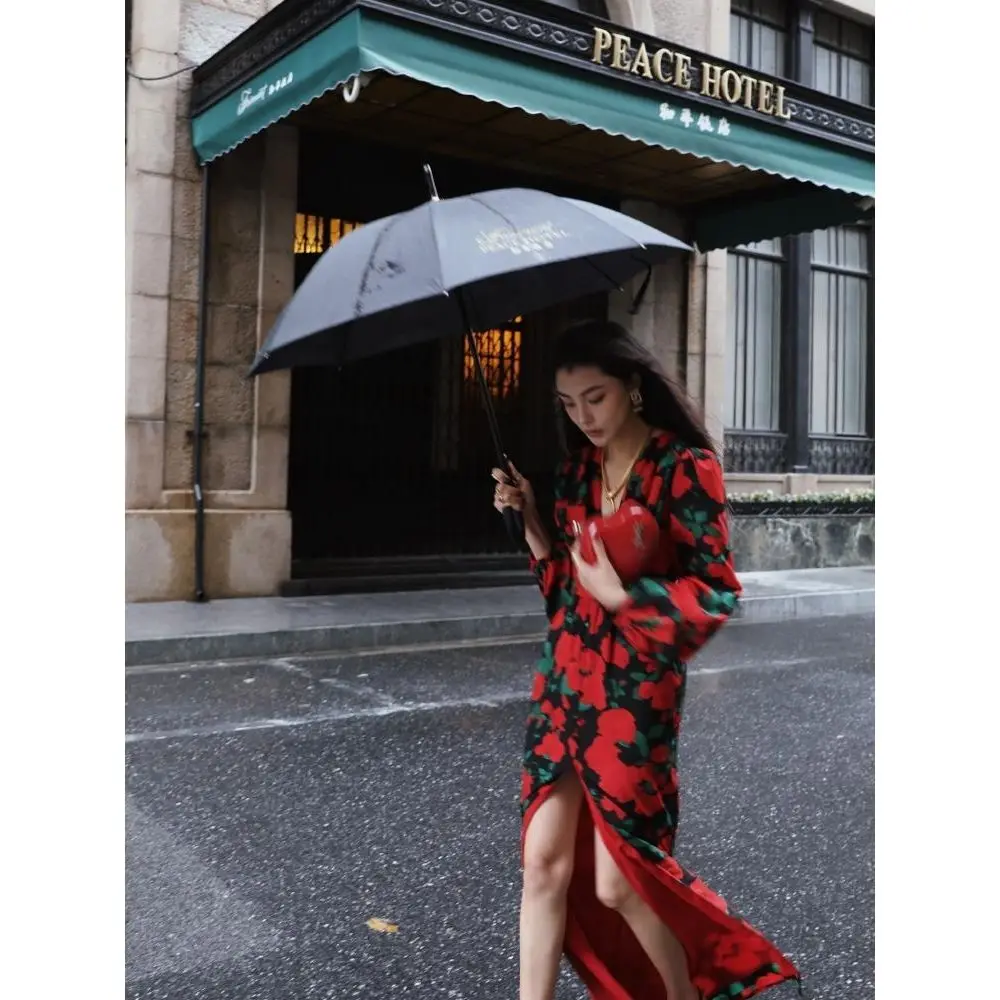 2024 Autumn New Fashionable Printing V-neck Long Sleeve Floral Dress Ladies Temperament Irregular Vintage Dress Women Clothes