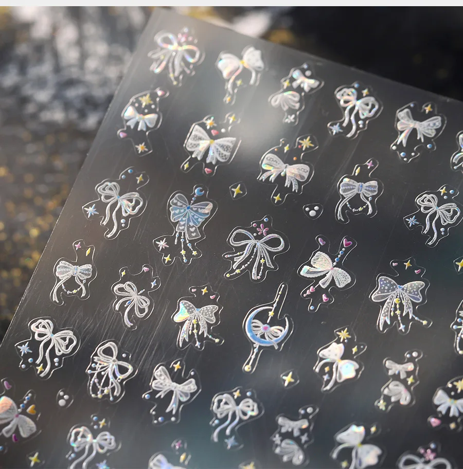 Weiße Spitze Schleife Krawatte Knoten Mini Band Schleife 5D Nail Art Aufkleber Mond Stern Liebe Herz Niedlich DIY Nagel Selbstklebender Maniküre Aufkleber