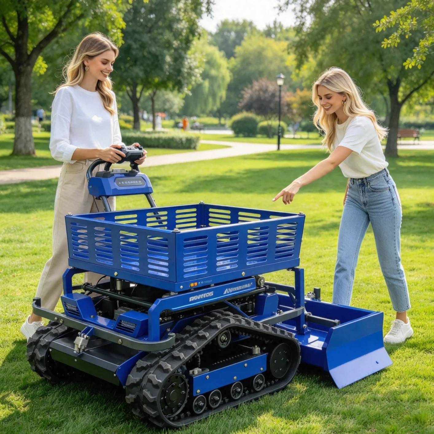 Customized Remote Control Lawn Mower integrated grass shredding device, crush weeds between cherry tree rows。