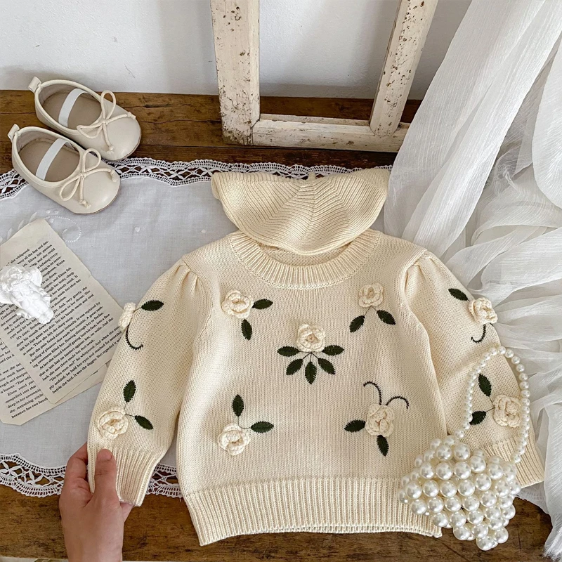 Autumn New Baby Clothing, 0-3-year-old Girl Baby Handmade Flower Embroidered Pullover Knitted Sweater Top