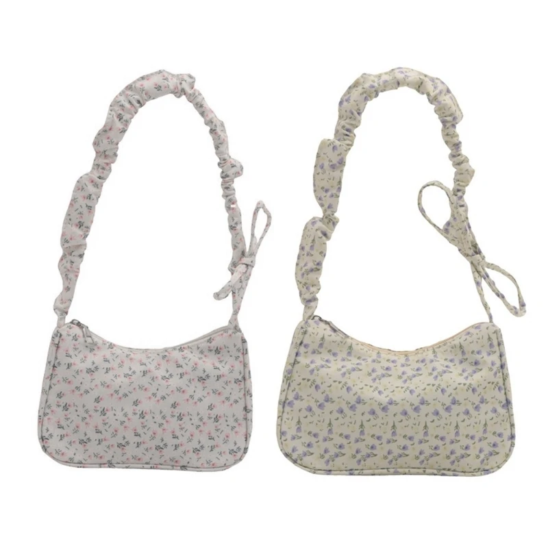 Aesthetic Flower Print Armpit Bag for Women Sweet Pleated Bowknot Shoulder Handbag Ruched Zippered Underarm Bag Purse