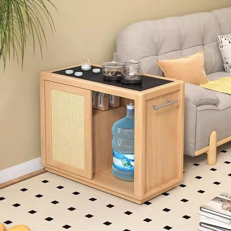 Nordic solid wood tea water cabinet, living room, sofa side cabinet, wheeled movable storage cabinet, kettle integrated tea tabl