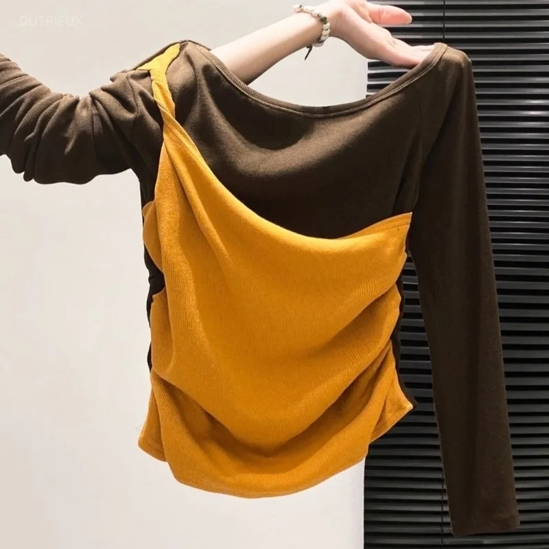 Fake 2 Pieces T Shirt For Women Spring Autumn Color Blocking Elegant Ropa De Mujer Korean Fashion Chic Short Tees