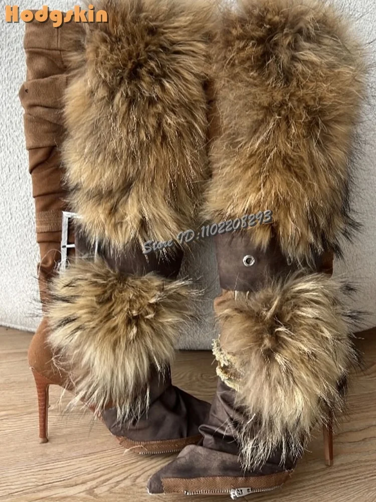 Botas hasta la rodilla de retales de piel sintética Retro, botas de caballero con punta estrecha y correas de cinturón, zapatos de moda para mujer, estilo Wasteland 2025