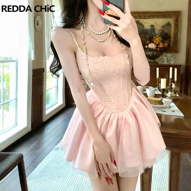 

ReddaChic Summer Spaghetti Strap Princess Dress Women Coquette Bowtie Backless Pink Puffy Lace Mini Party Gown Birthday Costume