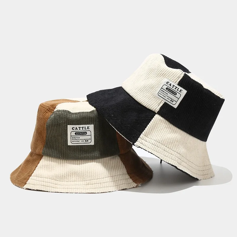 

Autumn Winter Retro Corduroy Bucket Hat New Fashion Stitching Color Fisherman Caps Beach Hats For Woman Unisex Panama Hat