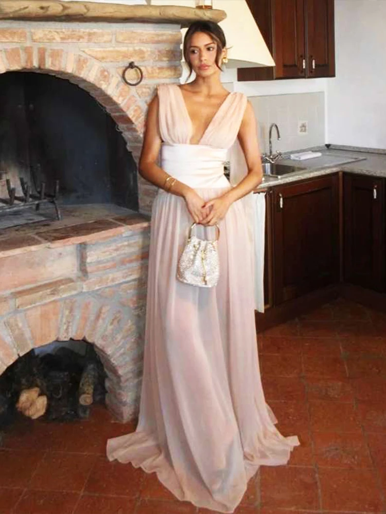 Kliou Zijdeachtige Elegante Jurk Vrouw Diepe V-hals Mouwloos Backless Lang Lint Decoratie Middernacht Prom Party Hipster Vestidos