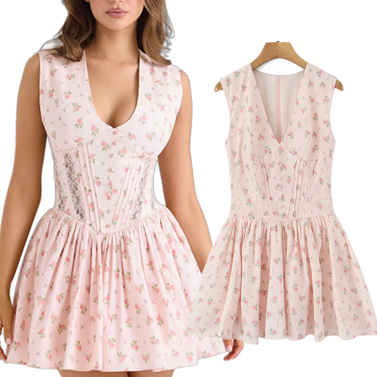

Maxdutti French Elegant Pink Floral Lace Embroidery V-neck Cotton Sleeveless Dress For Women Slim Fit Mini Party Dresses Vestido