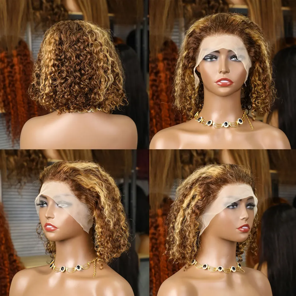 تسليط الضوء على موجة عميقة قصيرة بوب شعر مستعار 4/27 اللون مجعد 13x4 الدانتيل شعر مستعار أمامي البرازيلي 100% شعر الإنسان موجة المياه الدانتيل أمامي بوب شعر مستعار