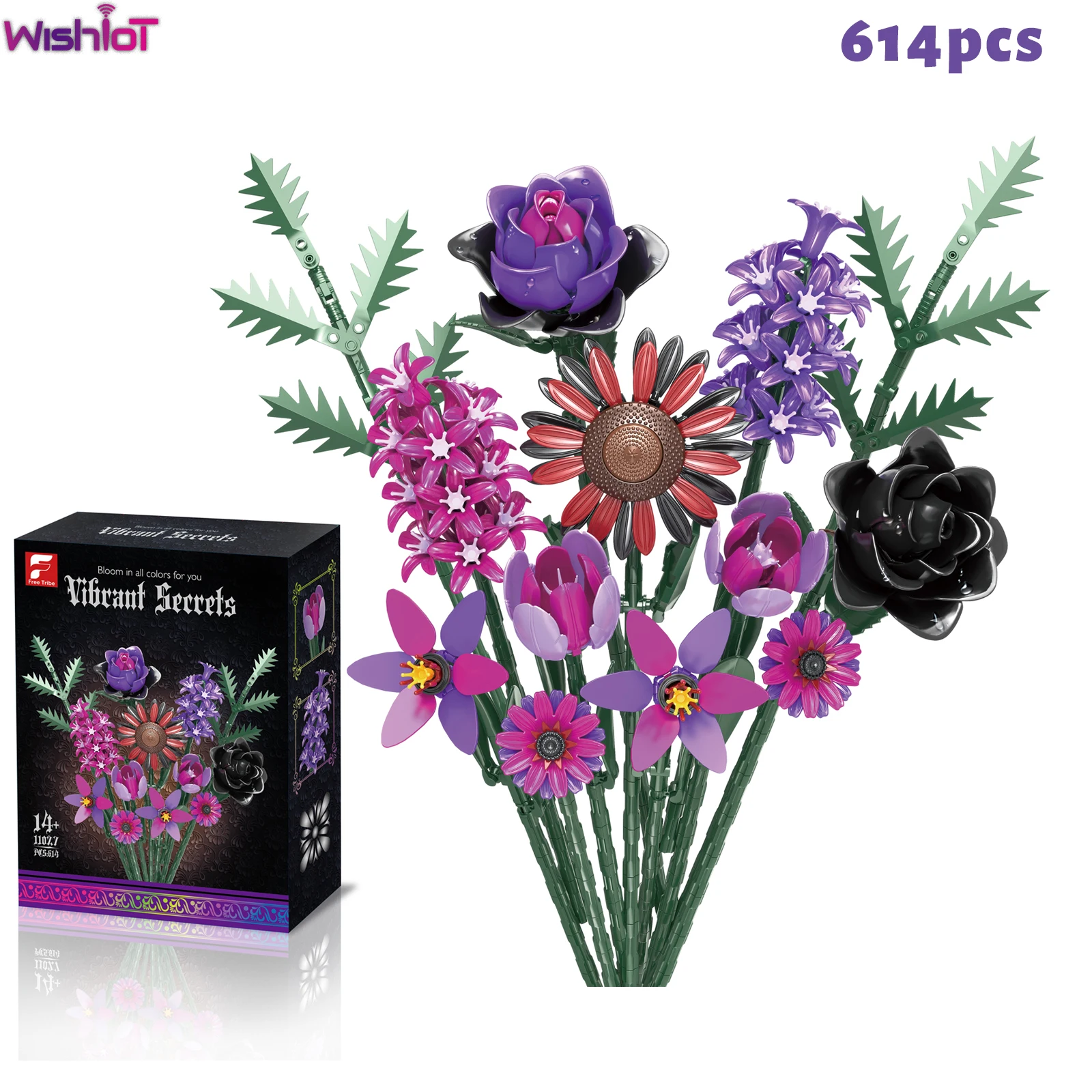 

614PCS Vibrant Secrects Building Block Gothic Bouquet Black Rose Artificial Flowers Botanical Home Decor Puzzle Toy Holiday Gift