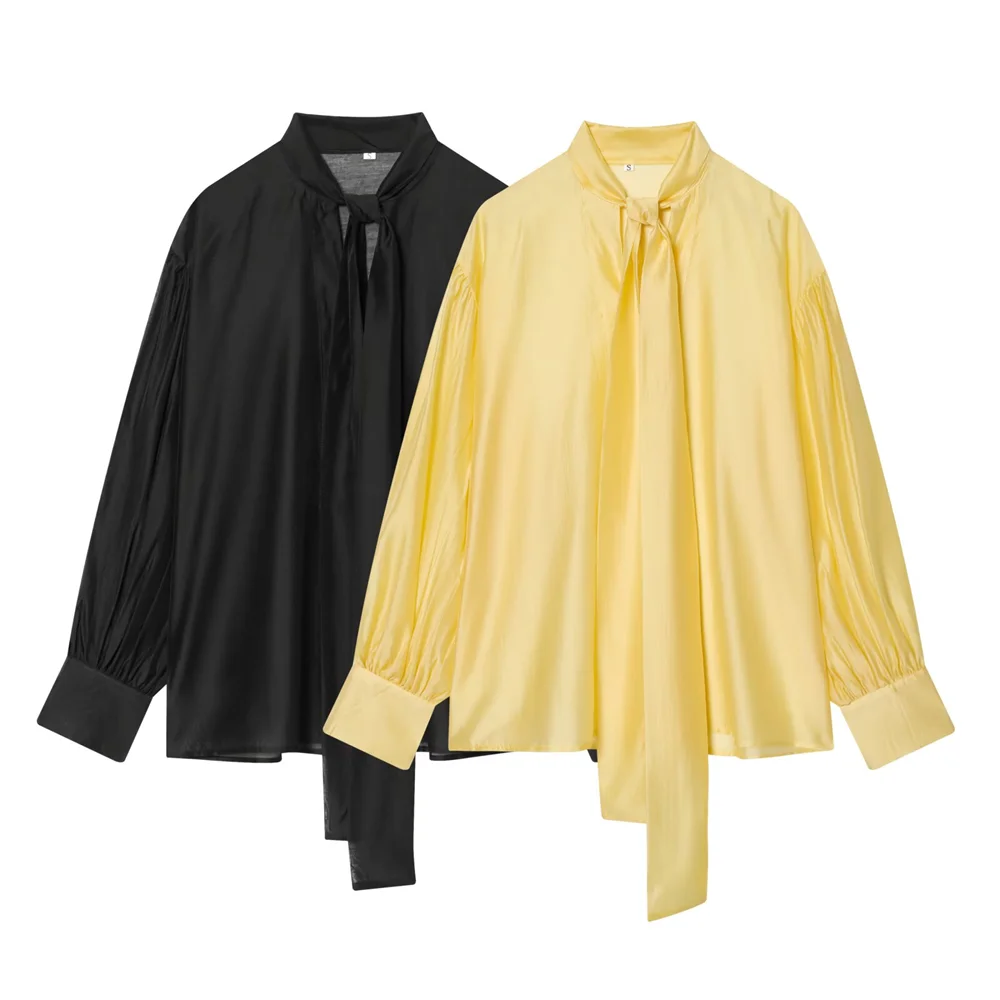 

2026 new women's clothing French elegant ribbon satin bow decoration shirt women's long sleeved V-neck lace up shirt