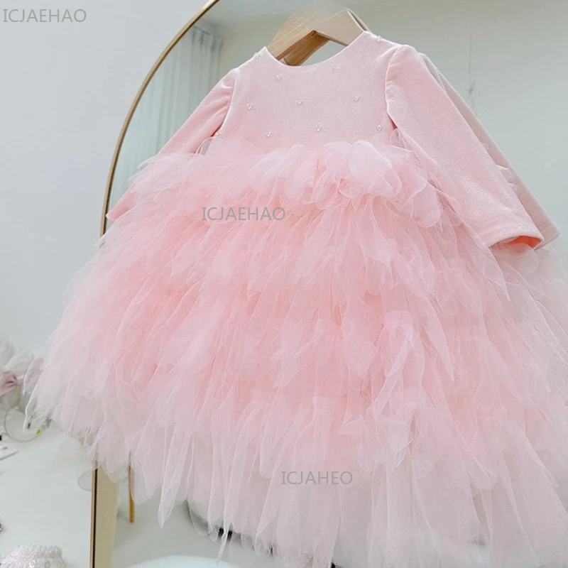 2026 Eid Mubarak Velvet Princess Dress Girls Long Sleeve Tulle Puffy Birthday Party Gown Children Pageant Flower Girl Formal