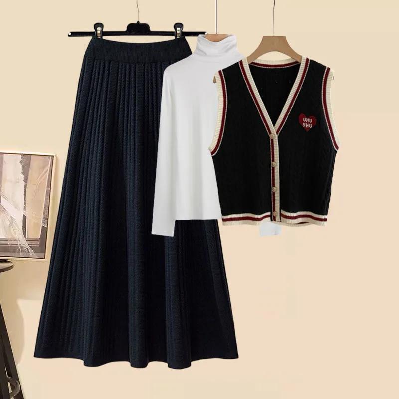 

Autumn Winter 3 Pieces Sets For Women Outfits Korean Casual Patchwork Knitted Vest Cardigan+turtleneck Shirt+a-line Skirts Sets