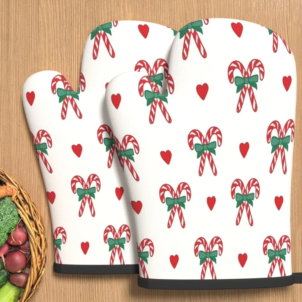 2pcs Heat-Resistant Oven Mitts Suitable for Cooking, Baking Grilling Red Green Christmas Candy Cane Design with Cane