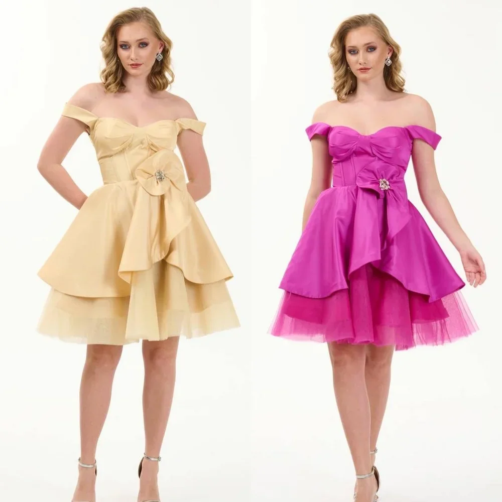 

Customized Satin Rhinestone Pleat Beach A-line Off-the-shoulder Bespoke Occasion Gown Knee Length Dresses