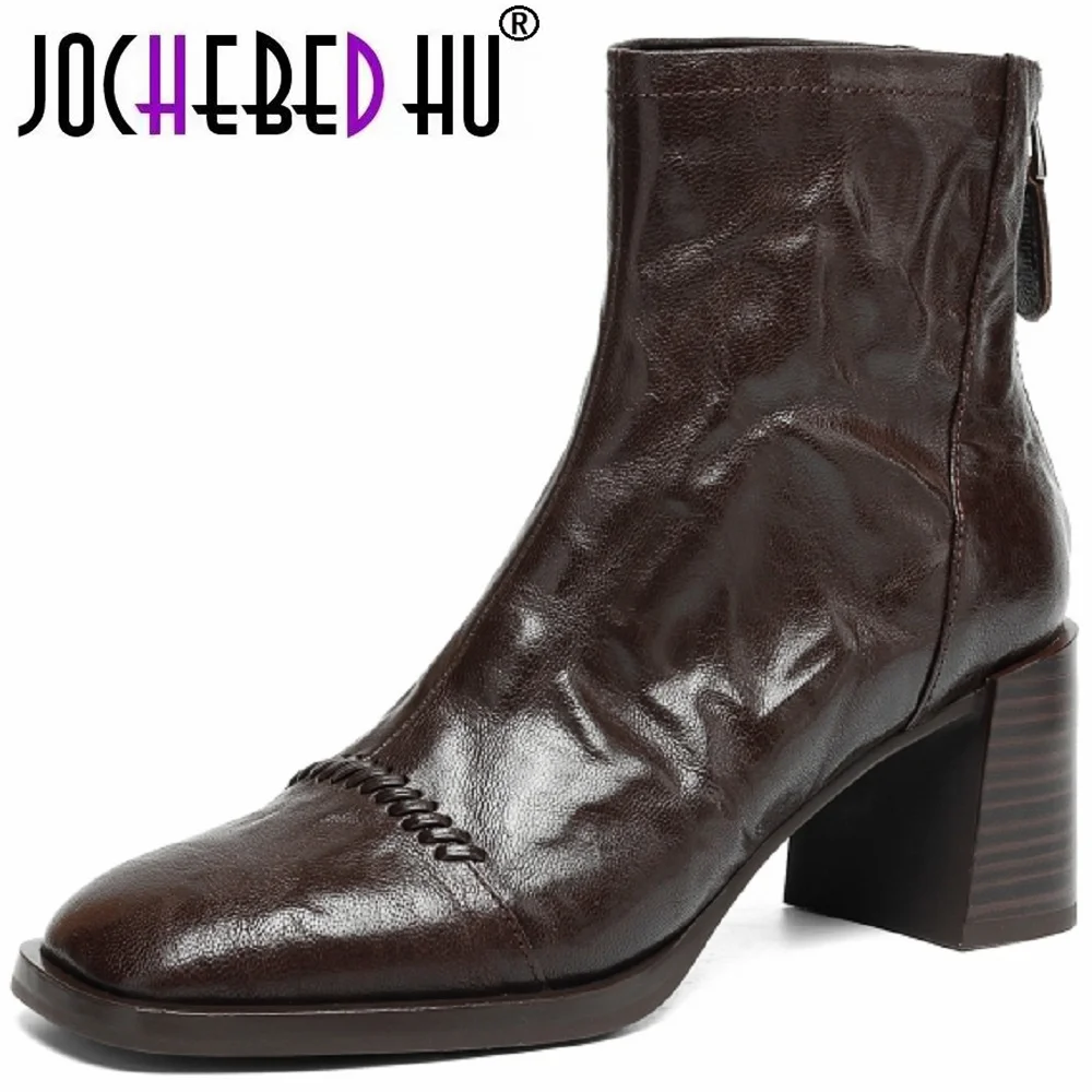 

【JOCHEBED HU】Women's Chunky Heel Comfortable Handmade Genuine Leather Boot Sle Winter oes Square Head Pure Color 34-40