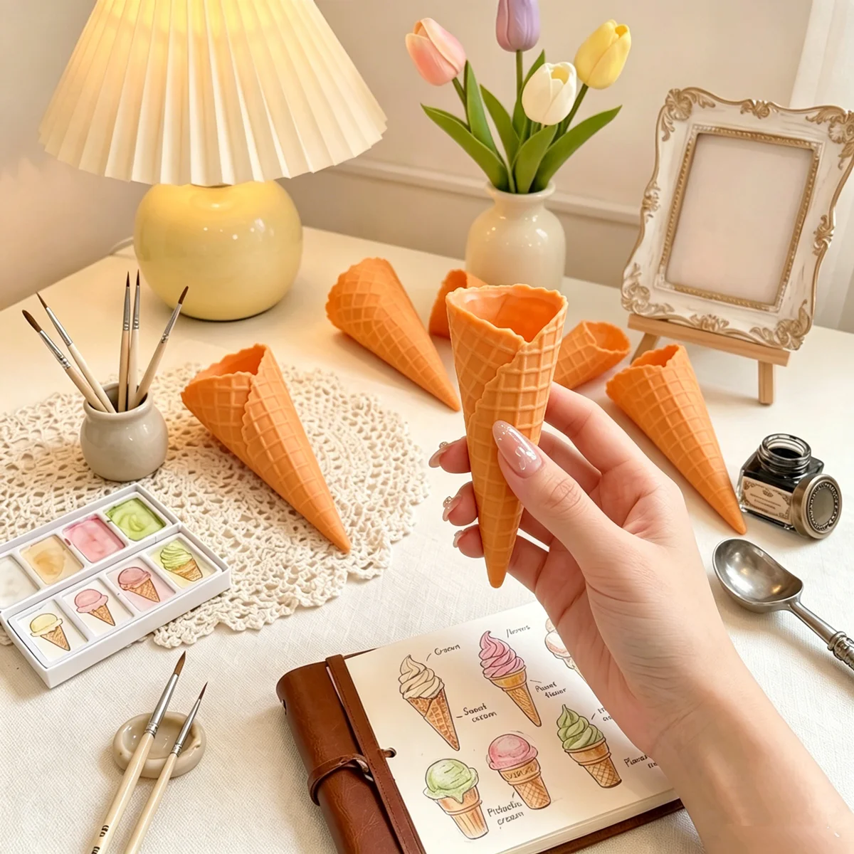 3/10 Piezas de Conos de Waffle Falsos de PVC, Modelo de Cono de Helado Realista de 13 cm, Decoración para Escaparates de Cafeterías, Fotografía de Alimentos