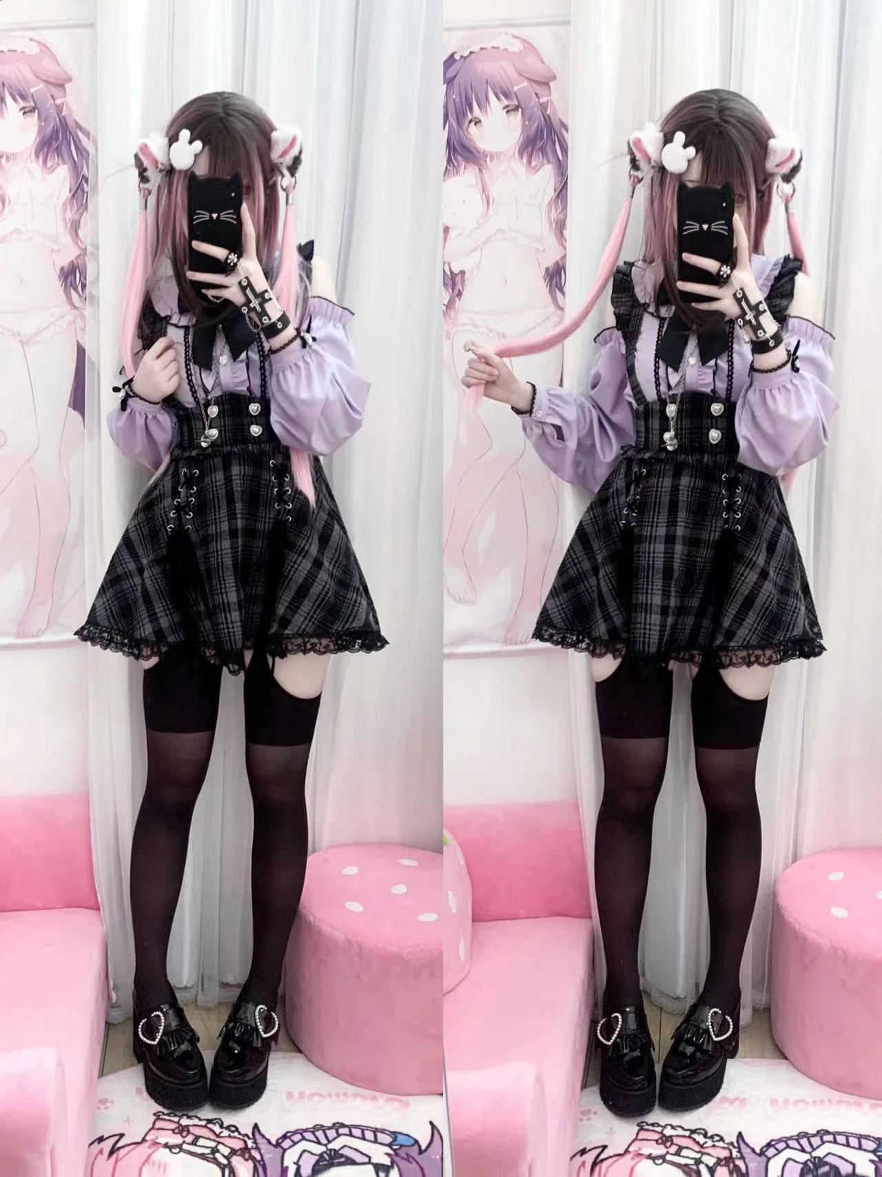 Mass-Produced Japanese Mine Purple Off Shoulder Doll Collar Single-Breasted Shirt High Waist Lace-up Woolen Plaid Skirt Women